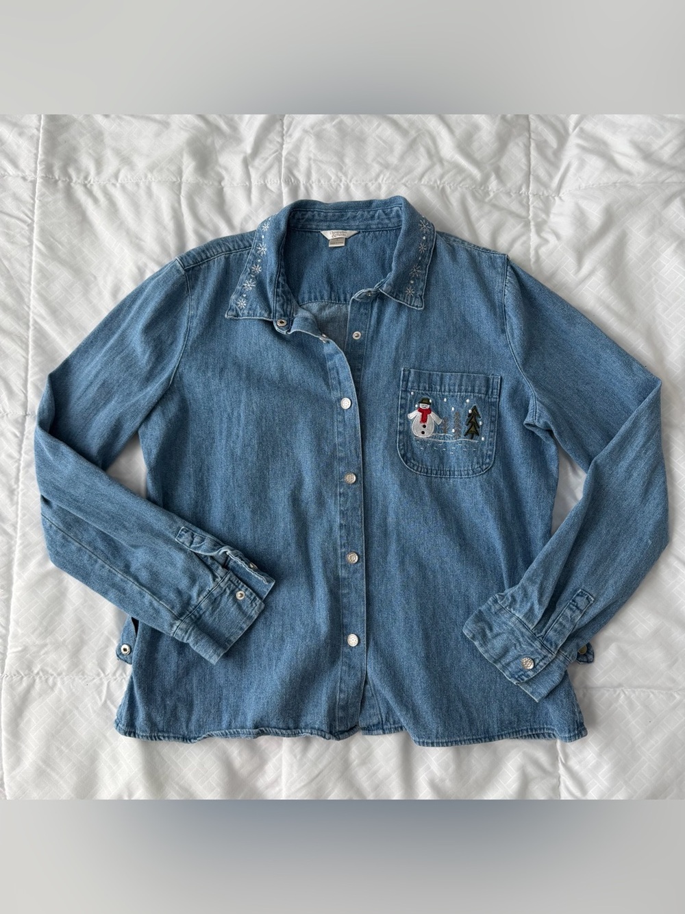 Vintage Christopher & Banks Denim Shirt Women L Snowman Embroidered 90s Teacher